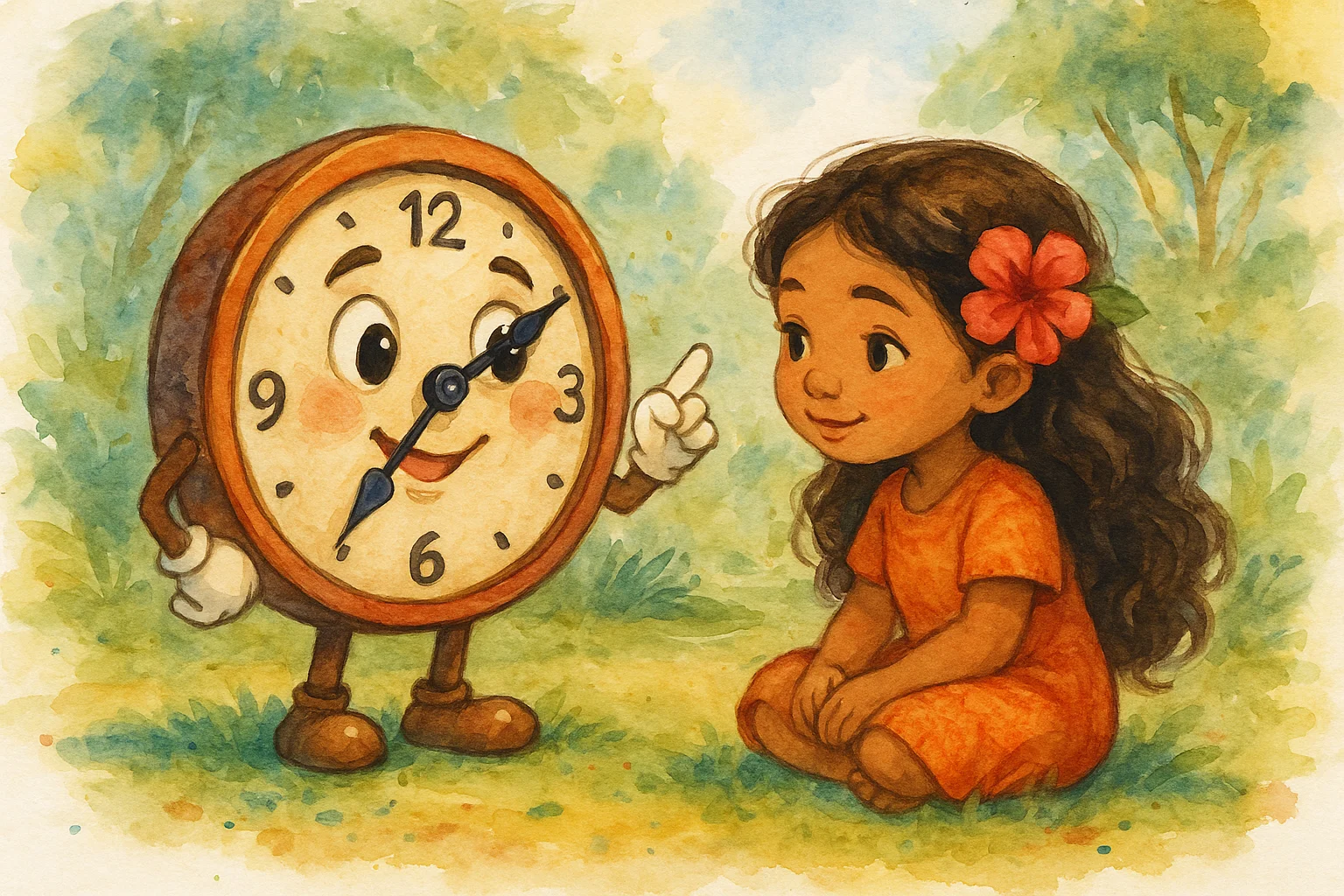 Clock Girl Teaches Polynesian Girl — free illustration