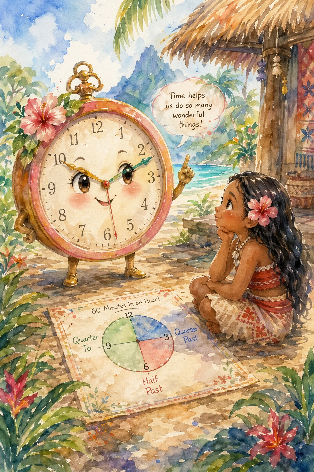 Clock Girl Teaches Polynesian Girl — free illustration