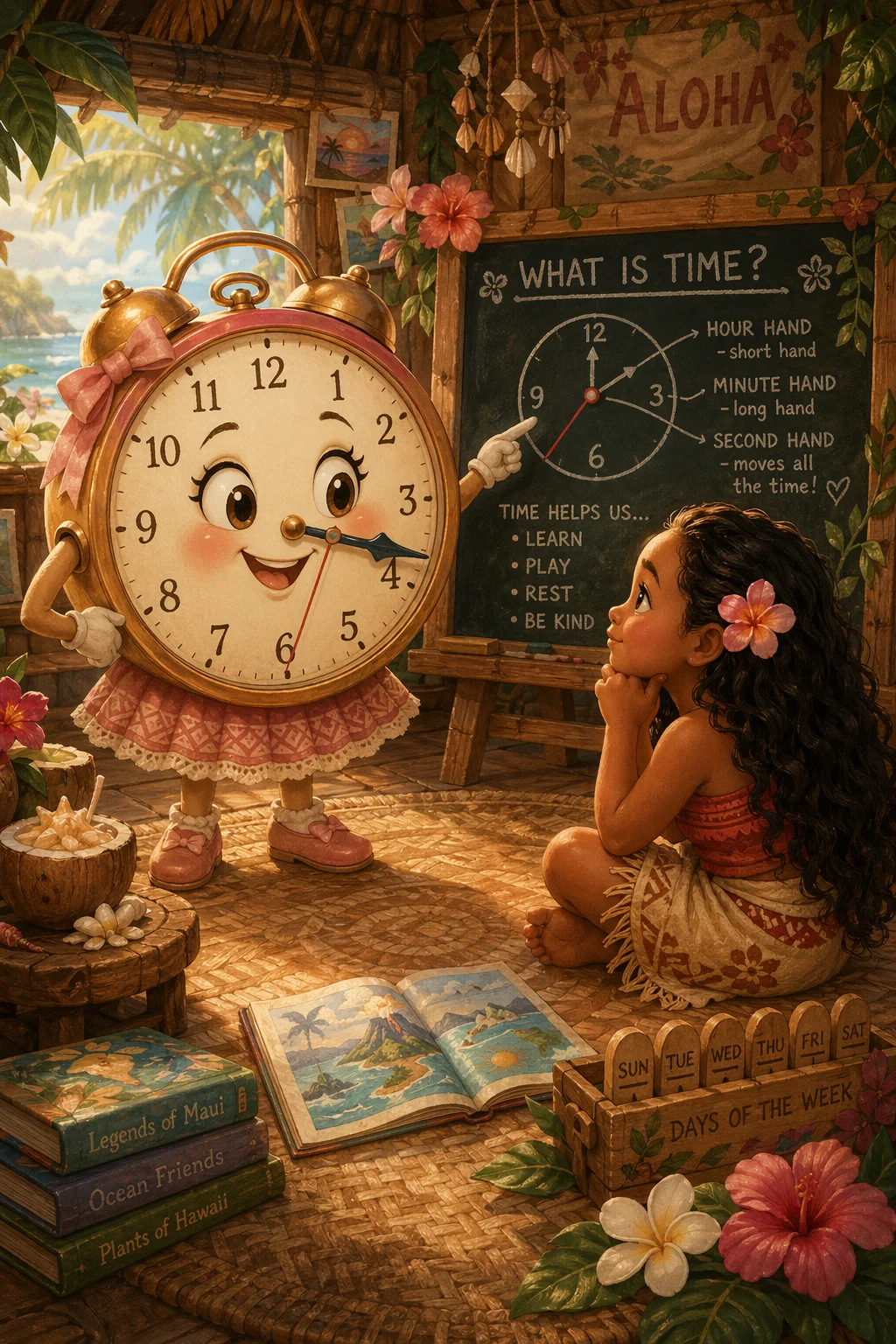 Clock Girl Teaches Polynesian Girl — free illustration