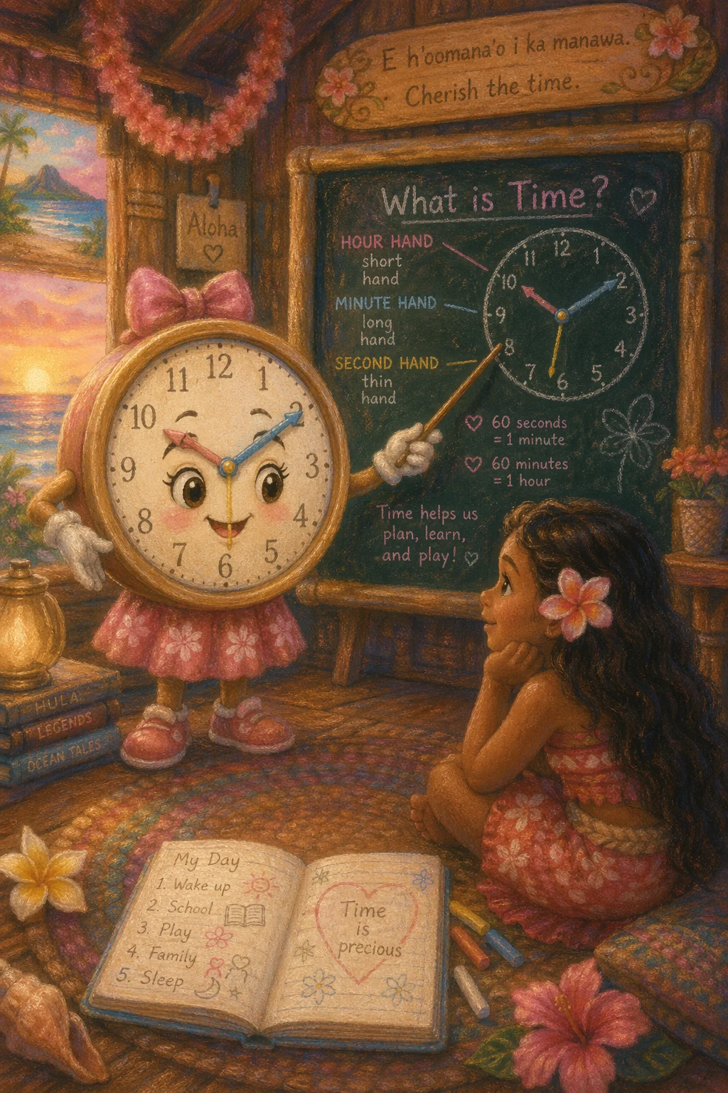 Clock Girl Teaches Polynesian Girl — free illustration