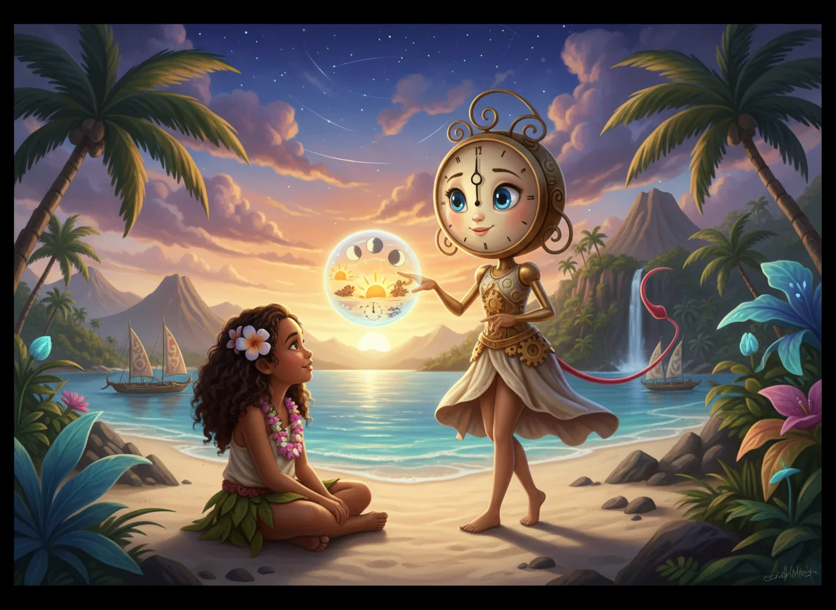 Clock Girl Teaches Polynesian Girl — free illustration