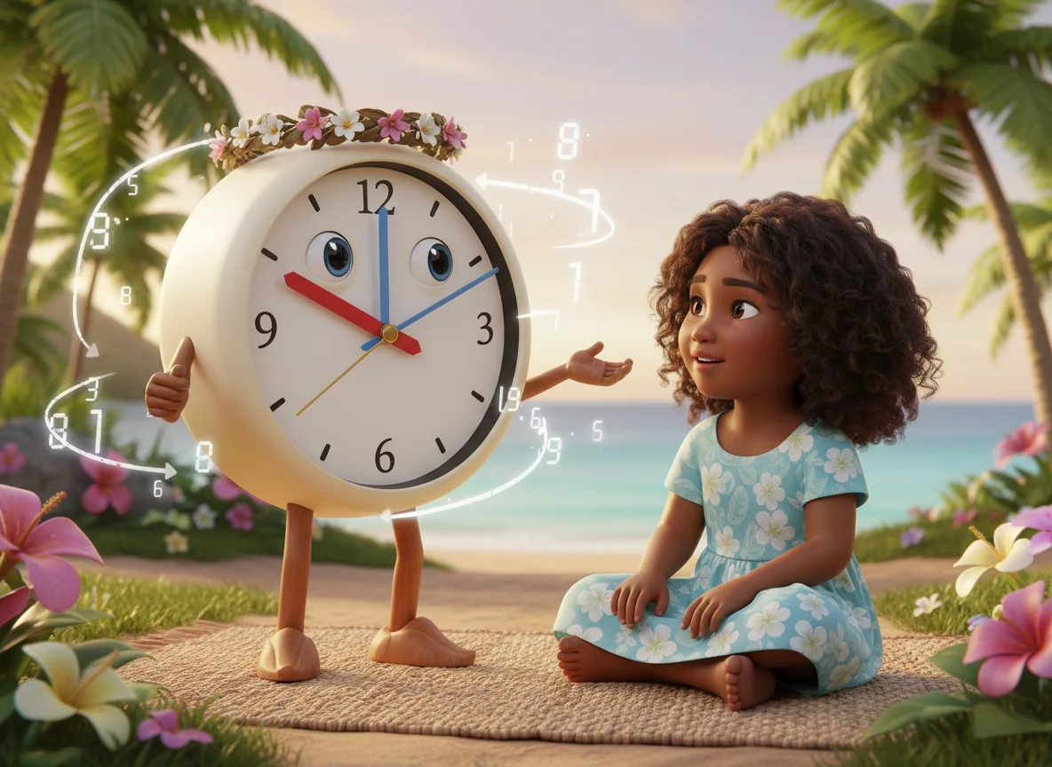 Clock Girl Teaches Polynesian Girl — free illustration
