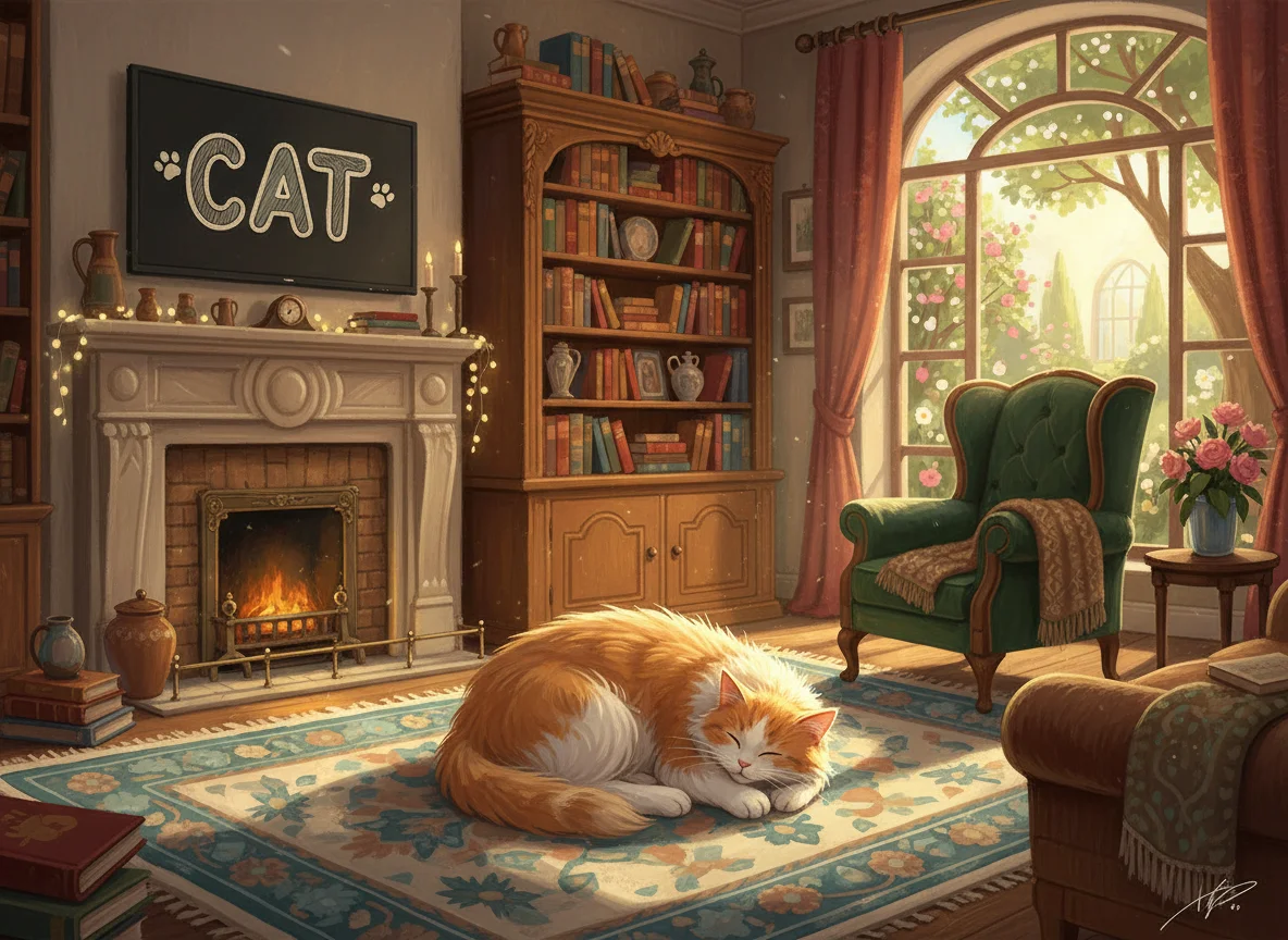 Cute Cat Sleeping in Living Room — free illustration