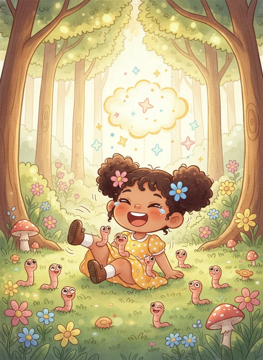 Girl Laughing with Worms in Forest — free illustration
