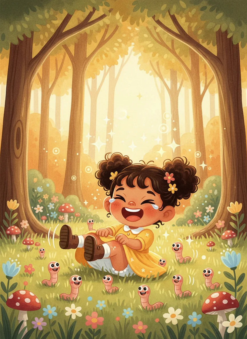 Girl Laughing with Worms in Forest — free illustration