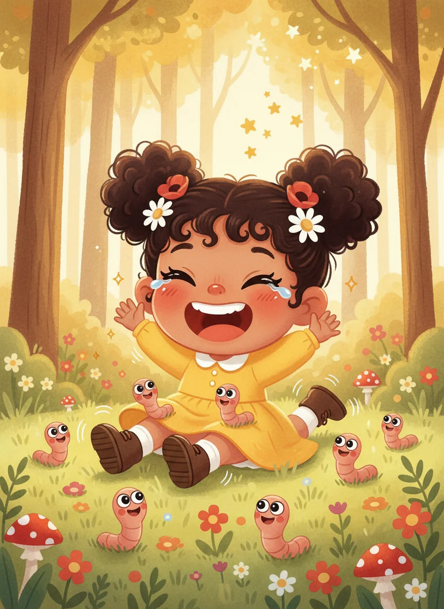 Girl Laughing with Worms in Forest — free illustration
