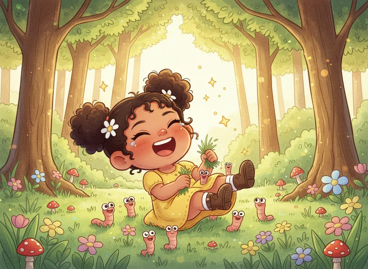 Girl Laughing with Worms in Forest — free illustration