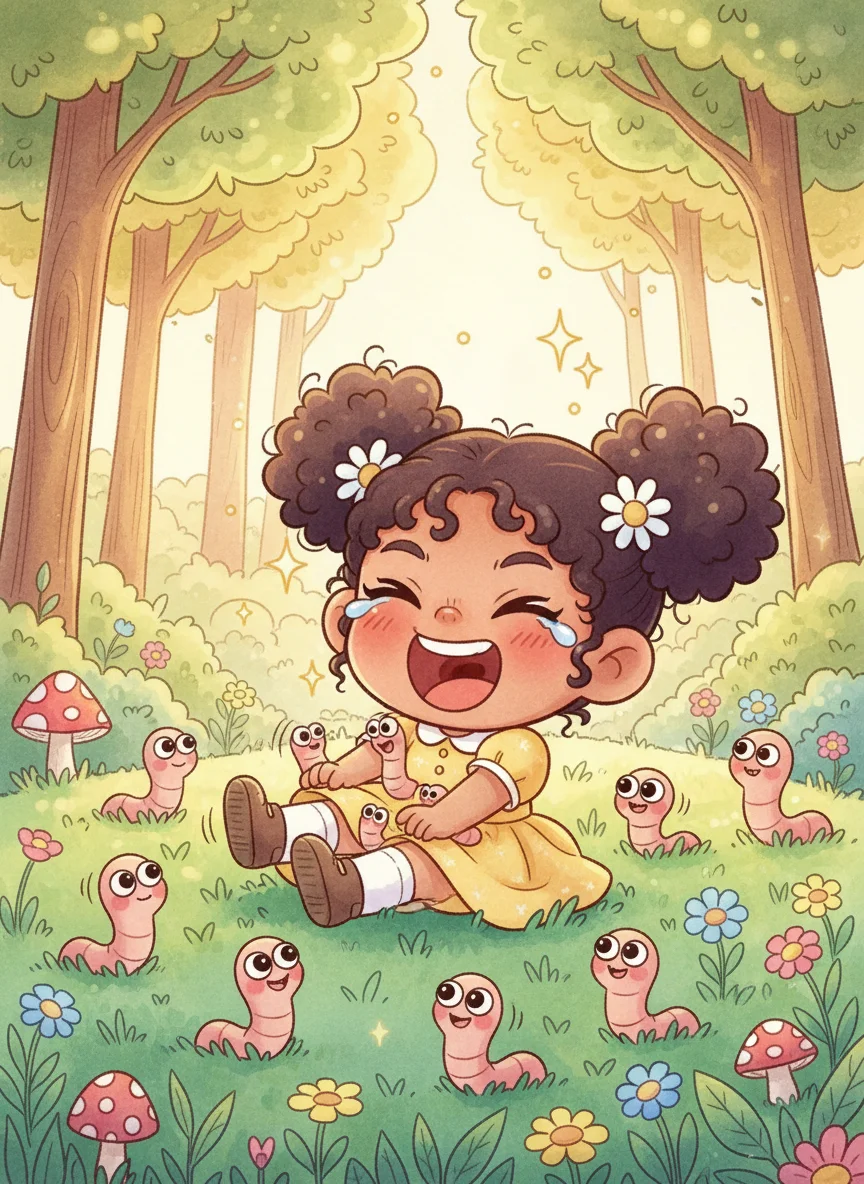 Girl Laughing with Worms in Forest — free illustration