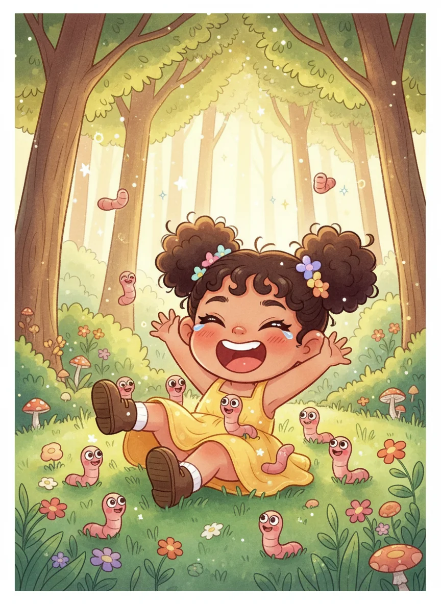 Girl Laughing with Worms in Forest — free illustration