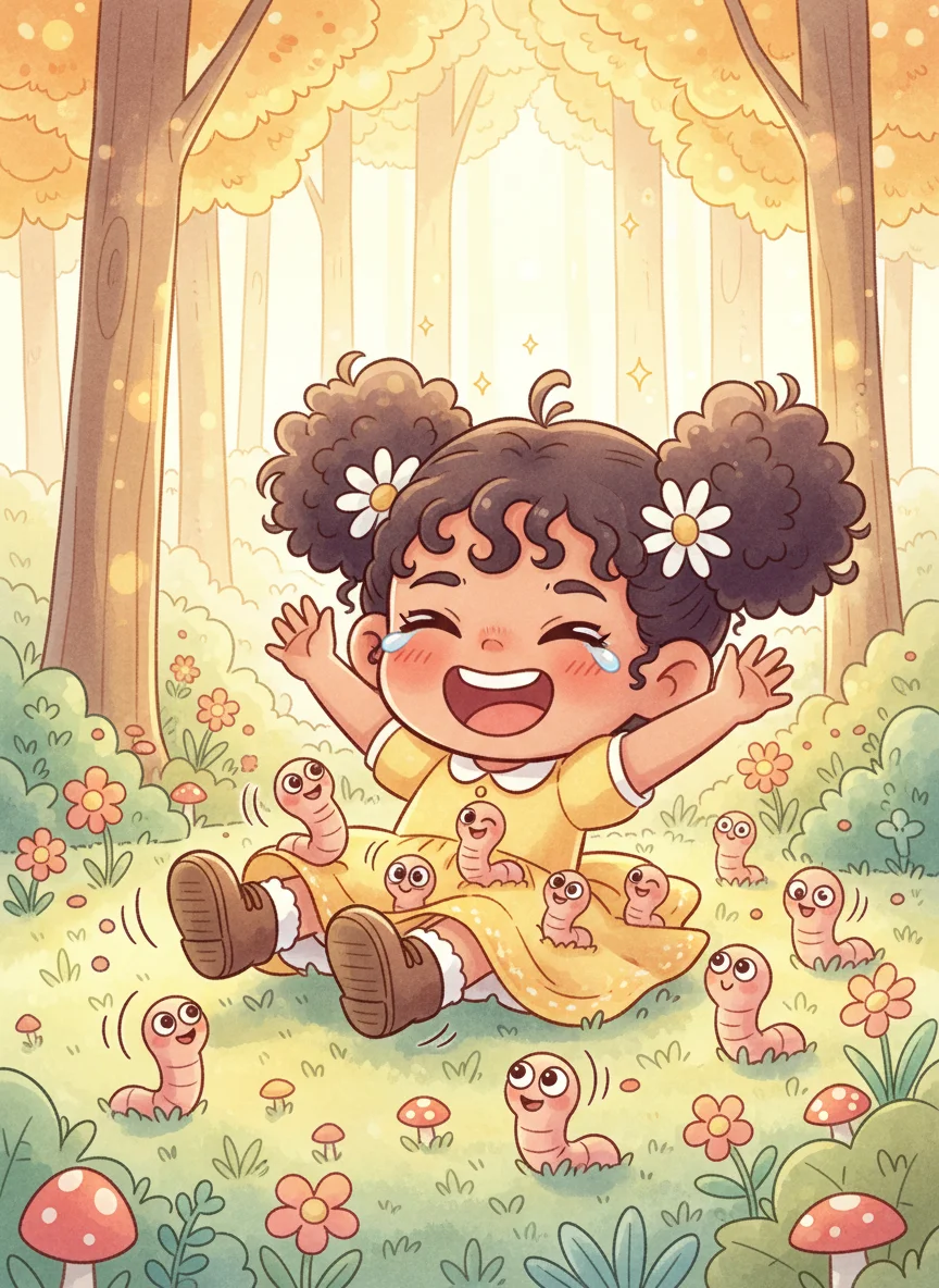 Girl Laughing with Worms in Forest — free illustration