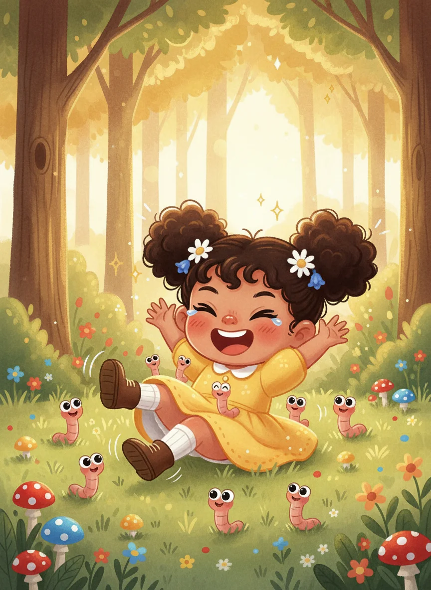 Girl Laughing with Worms in Forest — free illustration