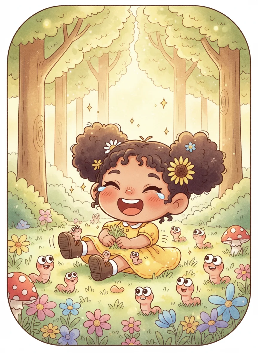 Girl Laughing with Worms in Forest — free illustration
