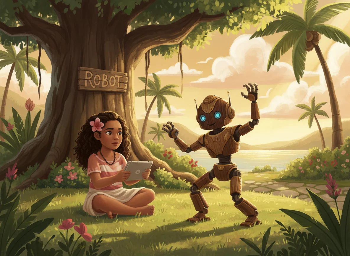 Polynesian Girl Controls Robot in Park — free illustration