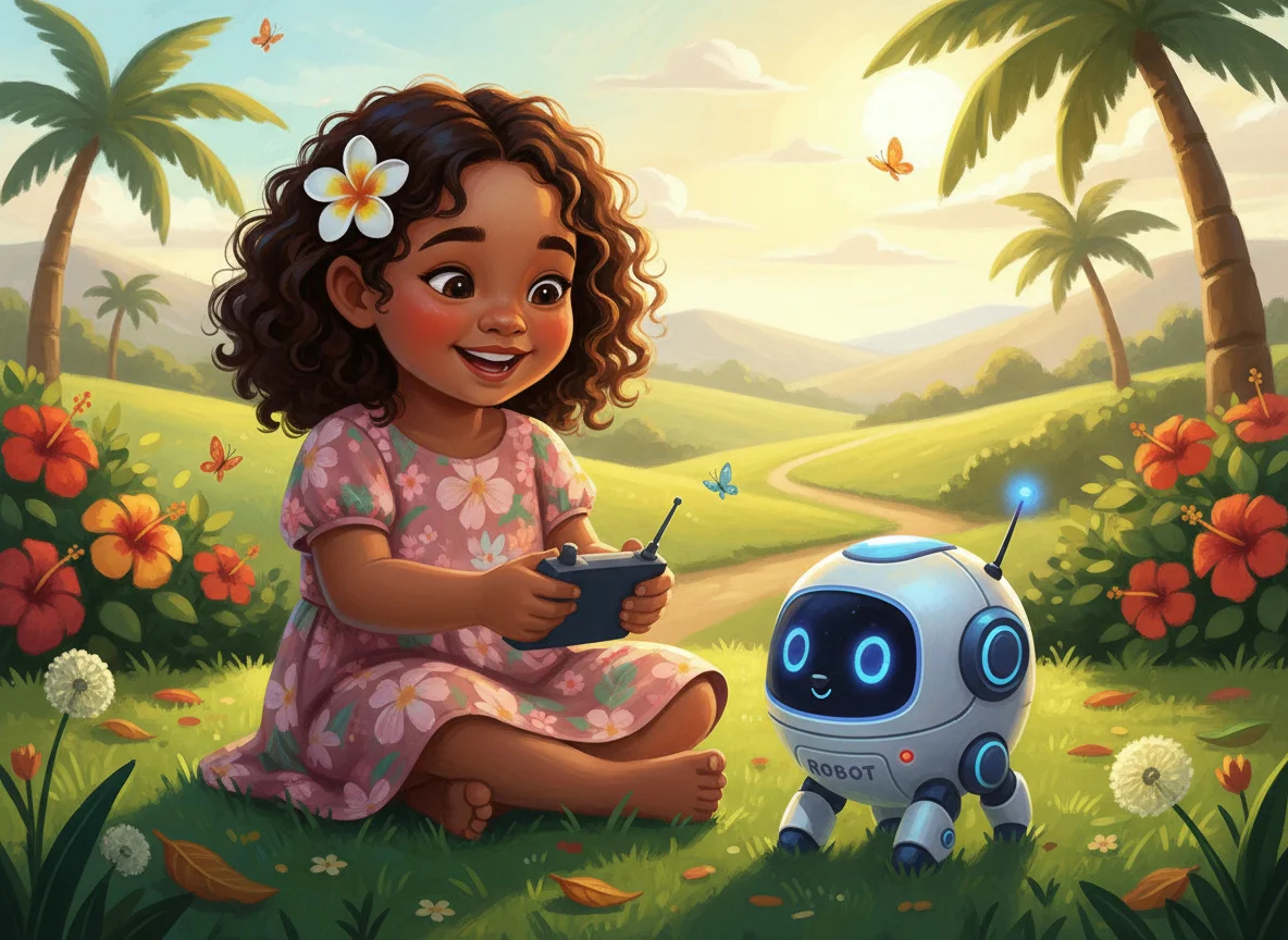 Polynesian Girl Controls Robot in Park — free illustration