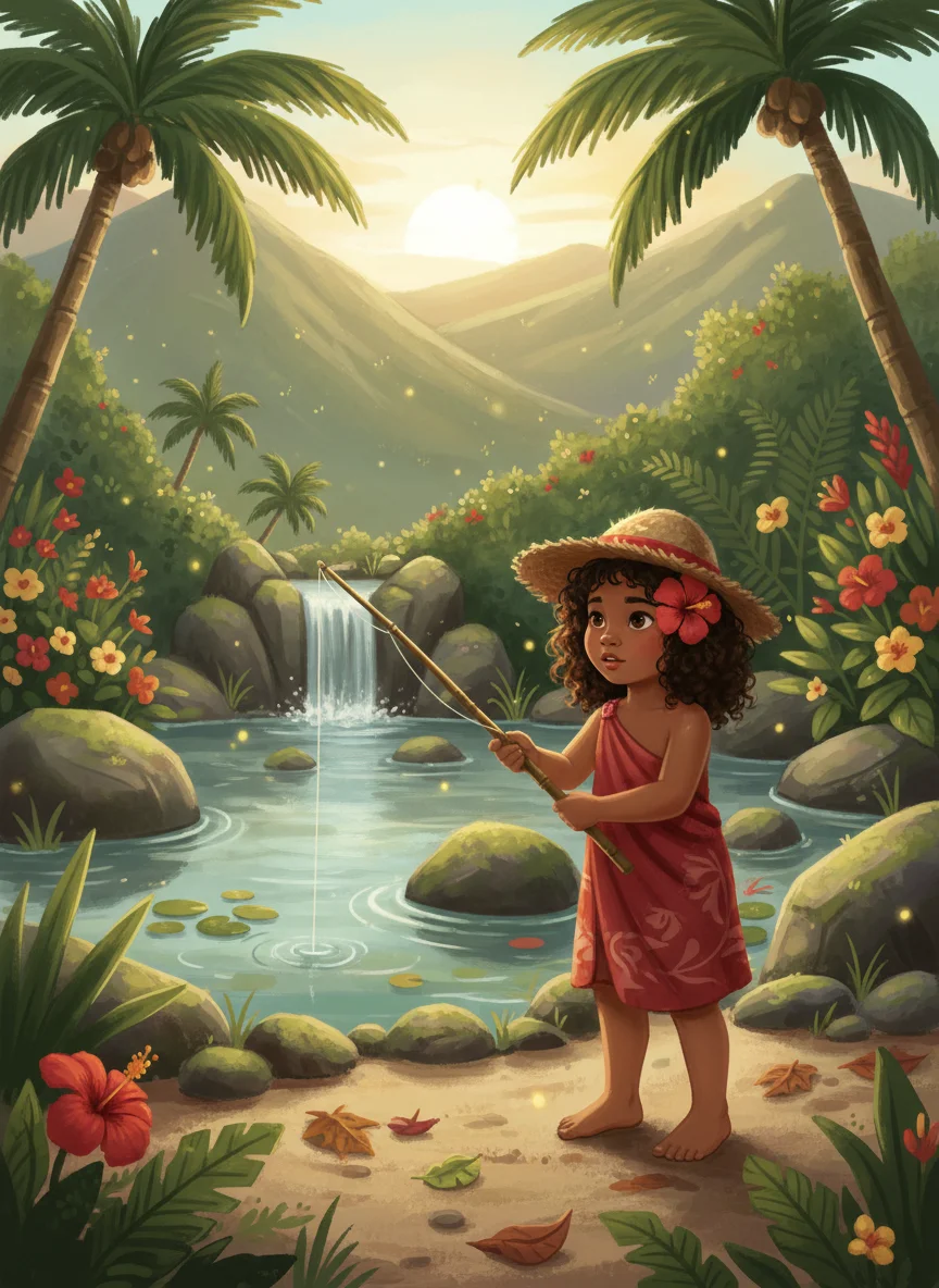 Polynesian Girl Fishing by Pond — free illustration