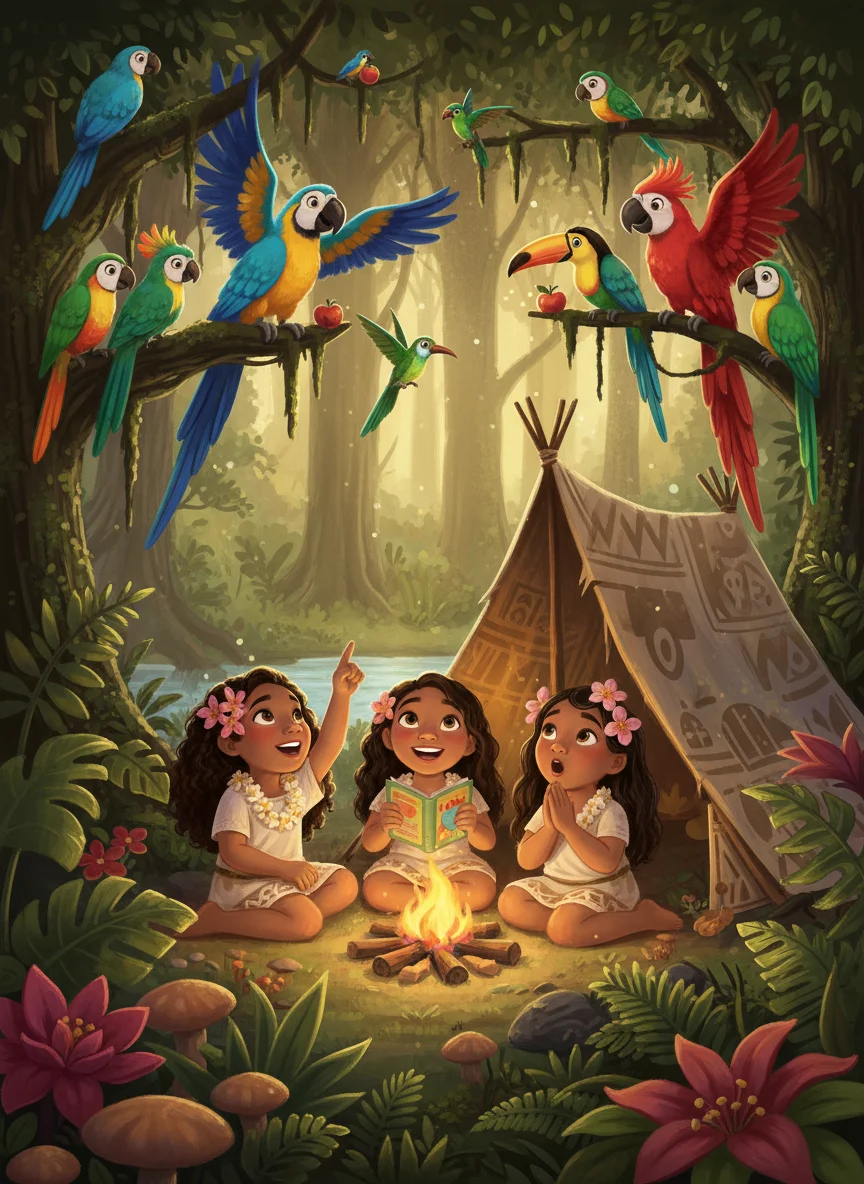 Polynesian Girls Camping in Amazon — free illustration