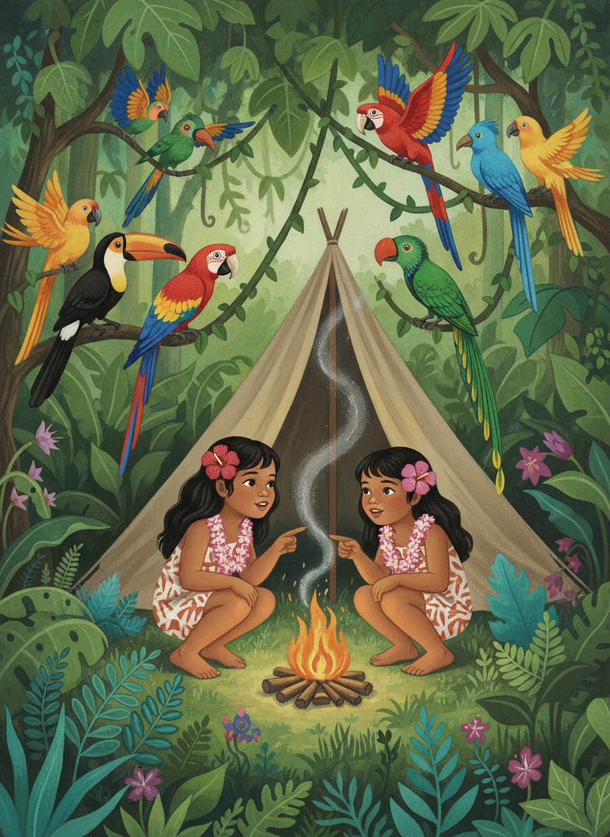 Polynesian Girls Camping in Amazon — free illustration