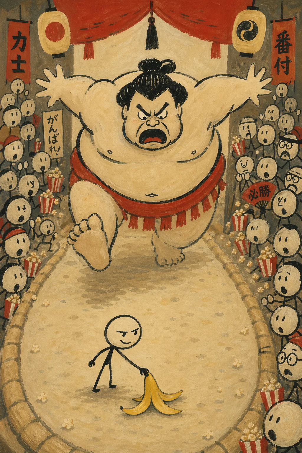 Sumo Wrestler Versus Banana Peel — free illustration