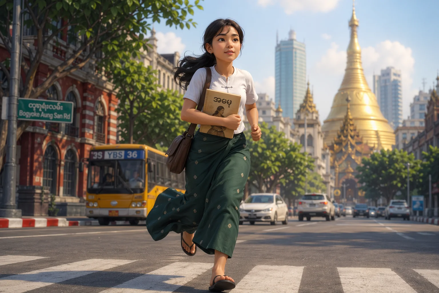 Burmese Woman Running in Yangon — free illustration