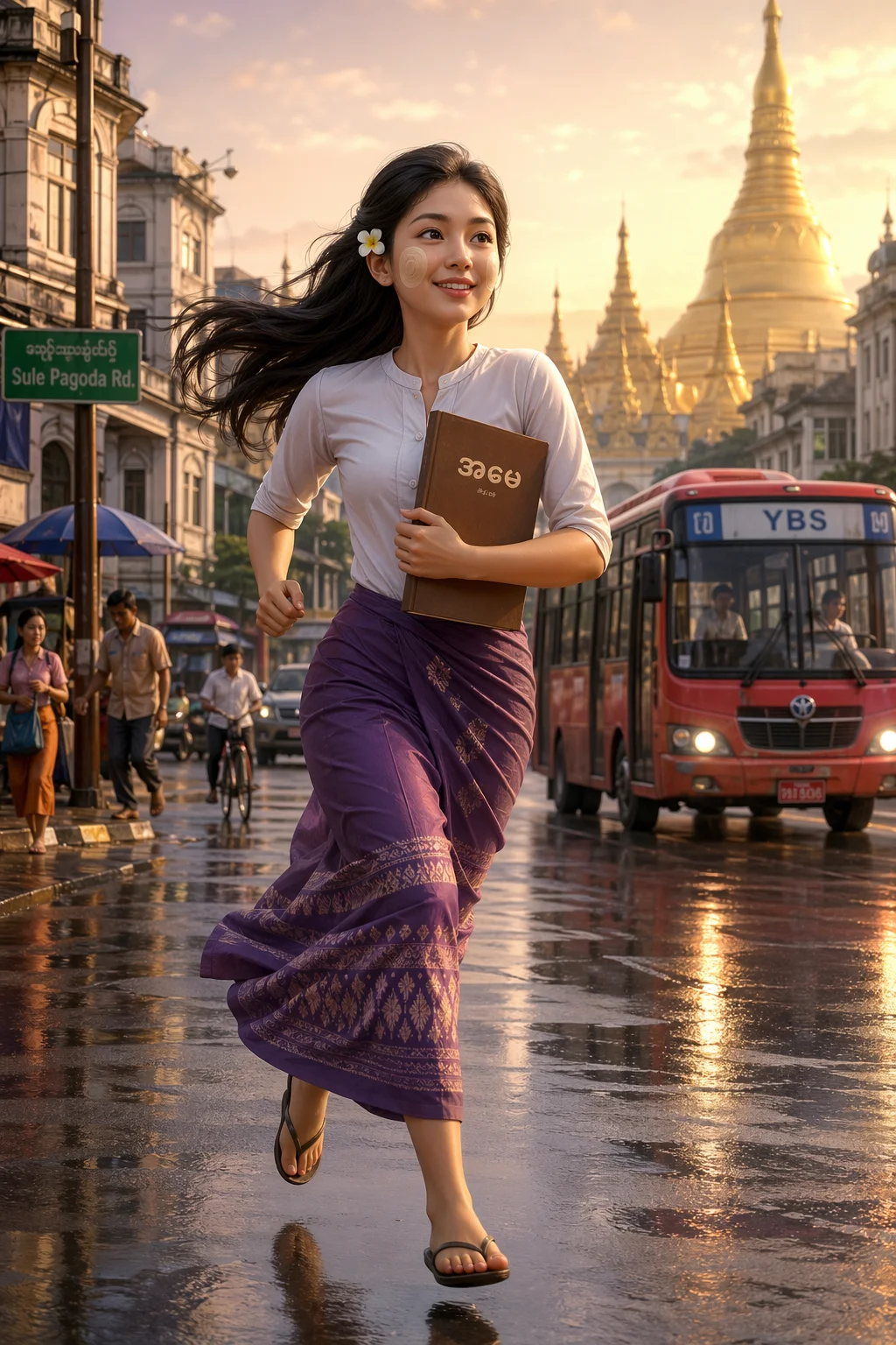Burmese Woman Running in Yangon — free illustration