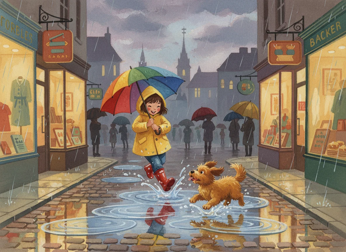 Girl Splashing in Puddles with Dog — free illustration
