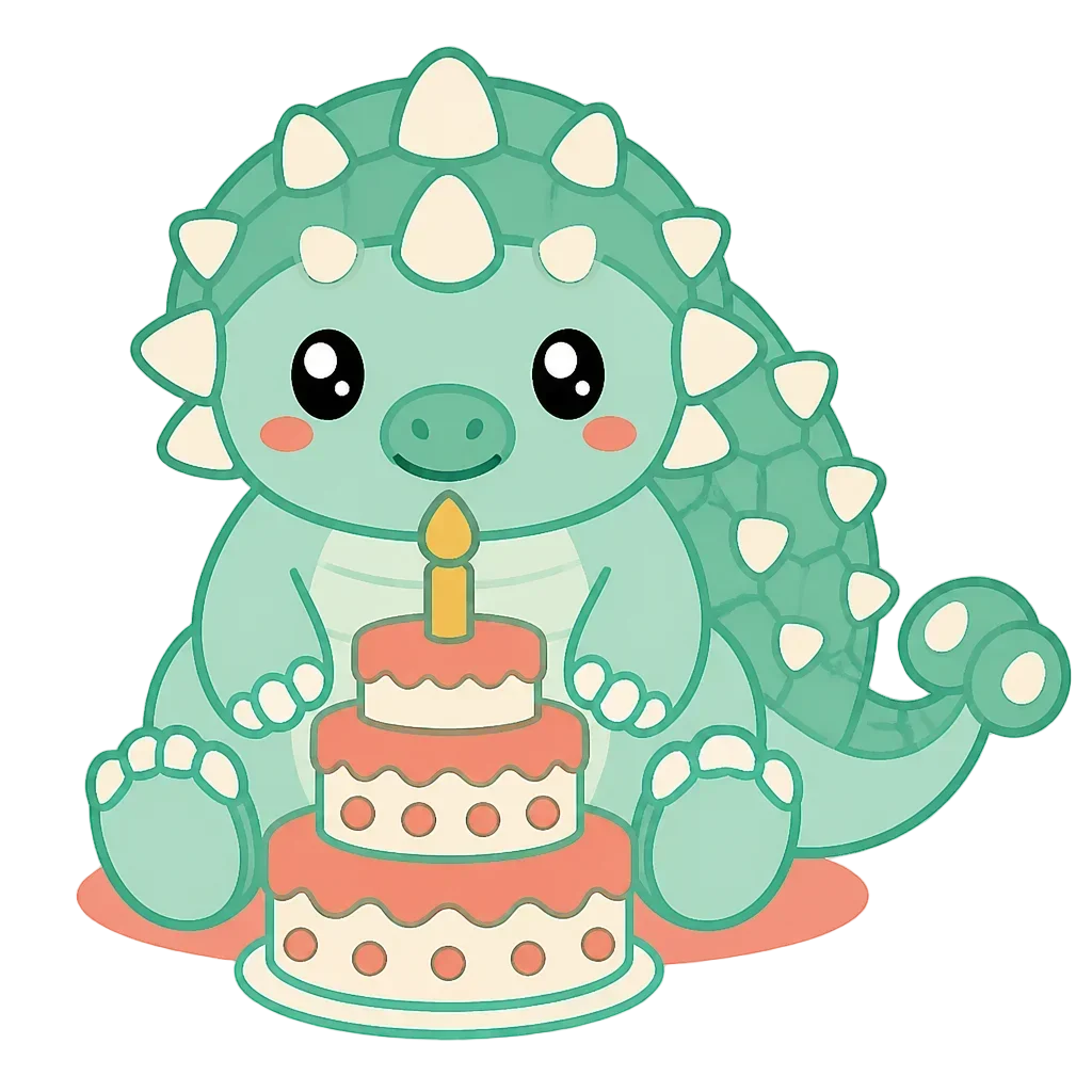 Ankylosaurus with Birthday Cake – Dino Birthday Club — from the 40 Cute Dinosaur Clipart PNGs – Dino Discovery Birthday Club Set