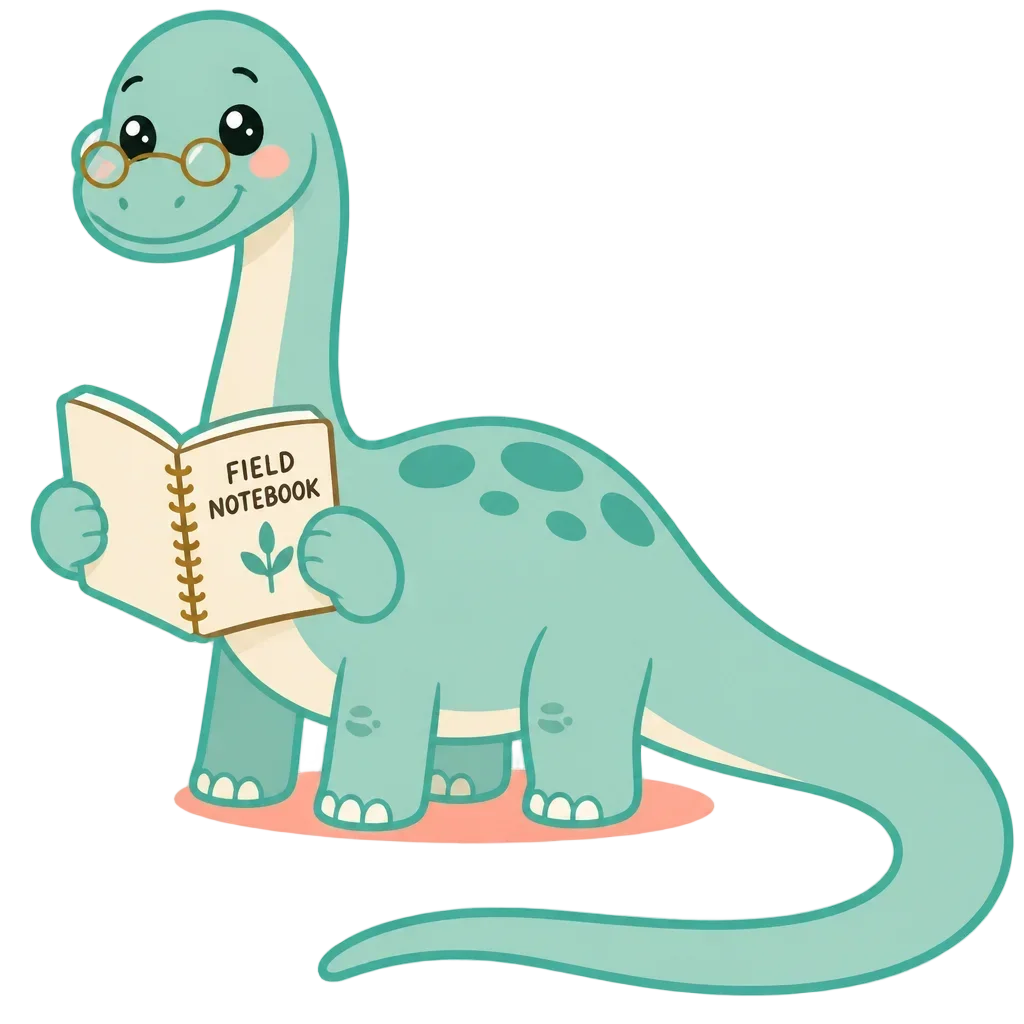 Diplodocus Reading a Field Notebook – Dino Birthday Club — from the 40 Cute Dinosaur Clipart PNGs – Dino Discovery Birthday Club Set