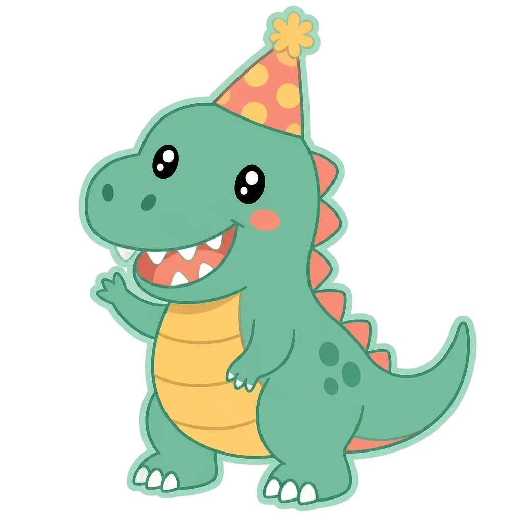 Happy T-Rex with Party Hat – Dino Birthday Club — from the 40 Cute Dinosaur Clipart PNGs – Dino Discovery Birthday Club Set