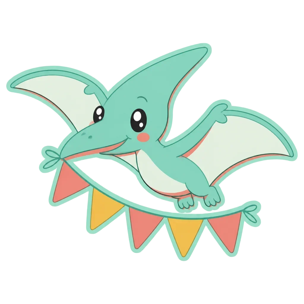 Pterodactyl with Bunting Flag – Dino Birthday Club — from the 40 Cute Dinosaur Clipart PNGs – Dino Discovery Birthday Club Set
