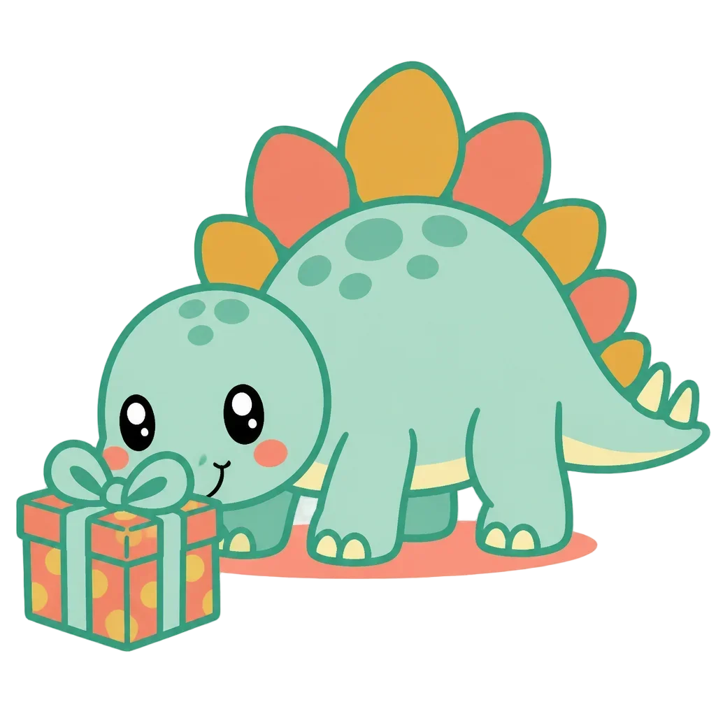 Stegosaurus with Gift Box – Dino Birthday Club — from the 40 Cute Dinosaur Clipart PNGs – Dino Discovery Birthday Club Set