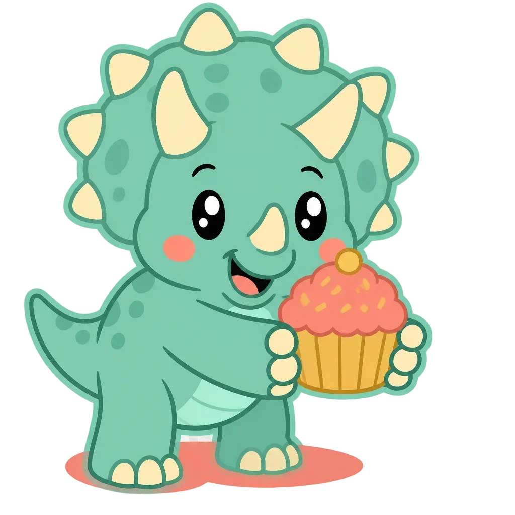 Triceratops Sharing a Cupcake – Dino Birthday Club — from the 40 Cute Dinosaur Clipart PNGs – Dino Discovery Birthday Club Set