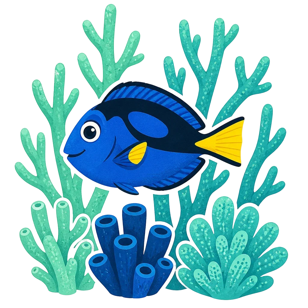 Blue Tang Among Branching Coral Clip Art — from the 20 Candy-Bright Coral Reef Clipart PNGs — Tropical Fish, Scenes, Borders & Patterns