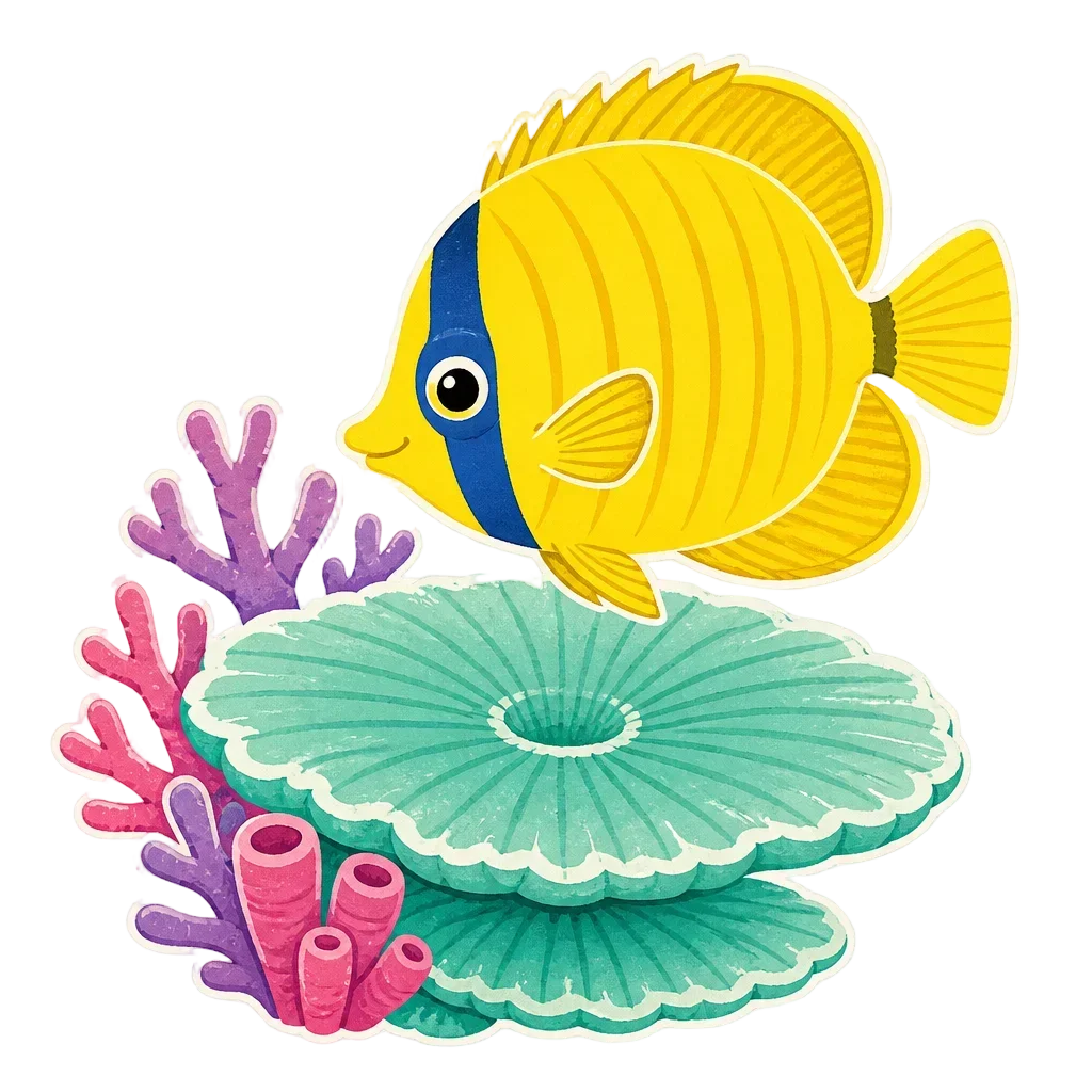 Yellow Butterflyfish Near Plate Coral Clip Art — from the 20 Candy-Bright Coral Reef Clipart PNGs — Tropical Fish, Scenes, Borders & Patterns