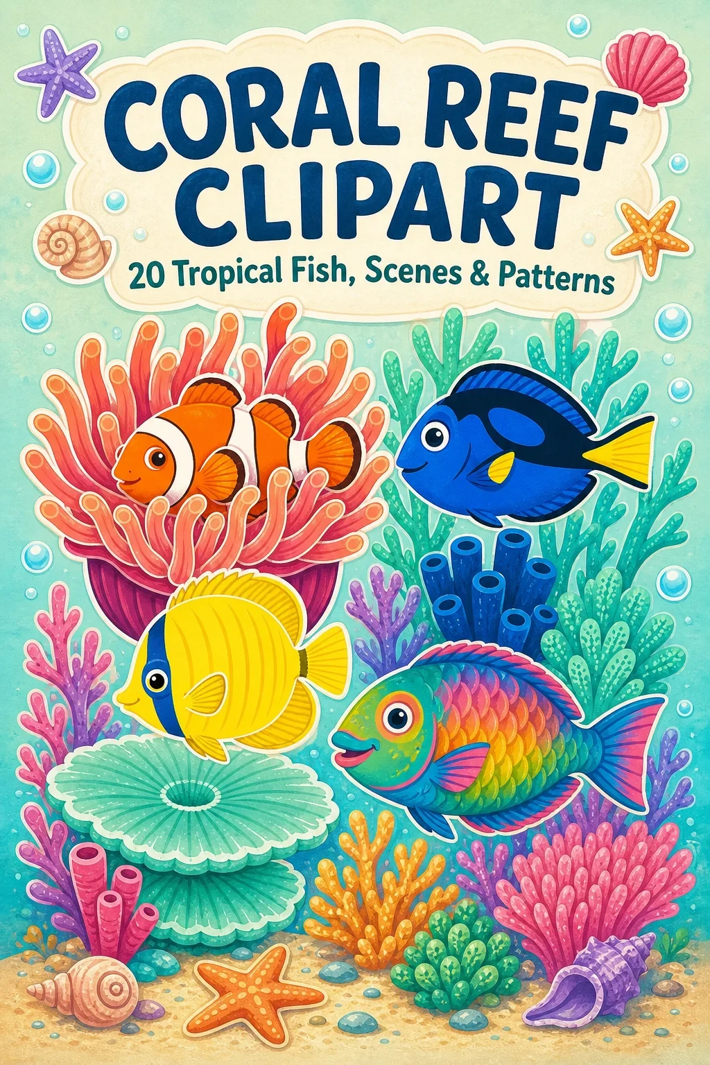 20 Candy-Bright Coral Reef Clipart PNGs — Tropical Fish, Scenes, Borders & Patterns — clip art pack