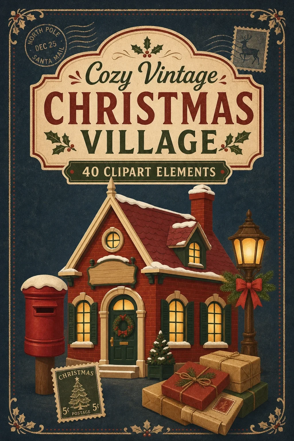 42 Cozy Vintage Christmas Village Clipart PNGs – Christmas Eve Mail Route — clip art pack