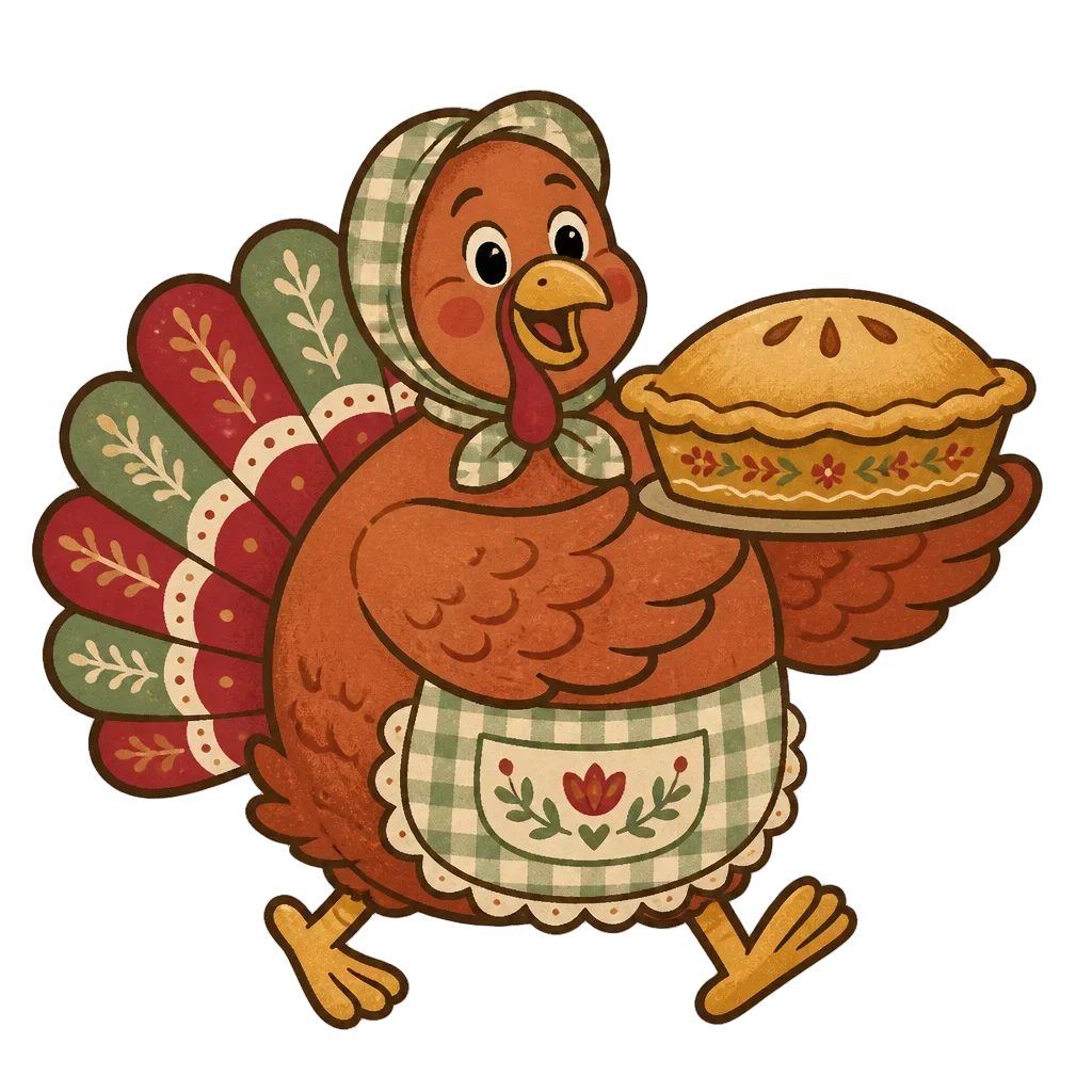 Turkey Carrying a Pie — from the Grateful Gathering: 20 Thanksgiving Turkey & Harvest Clipart PNGs