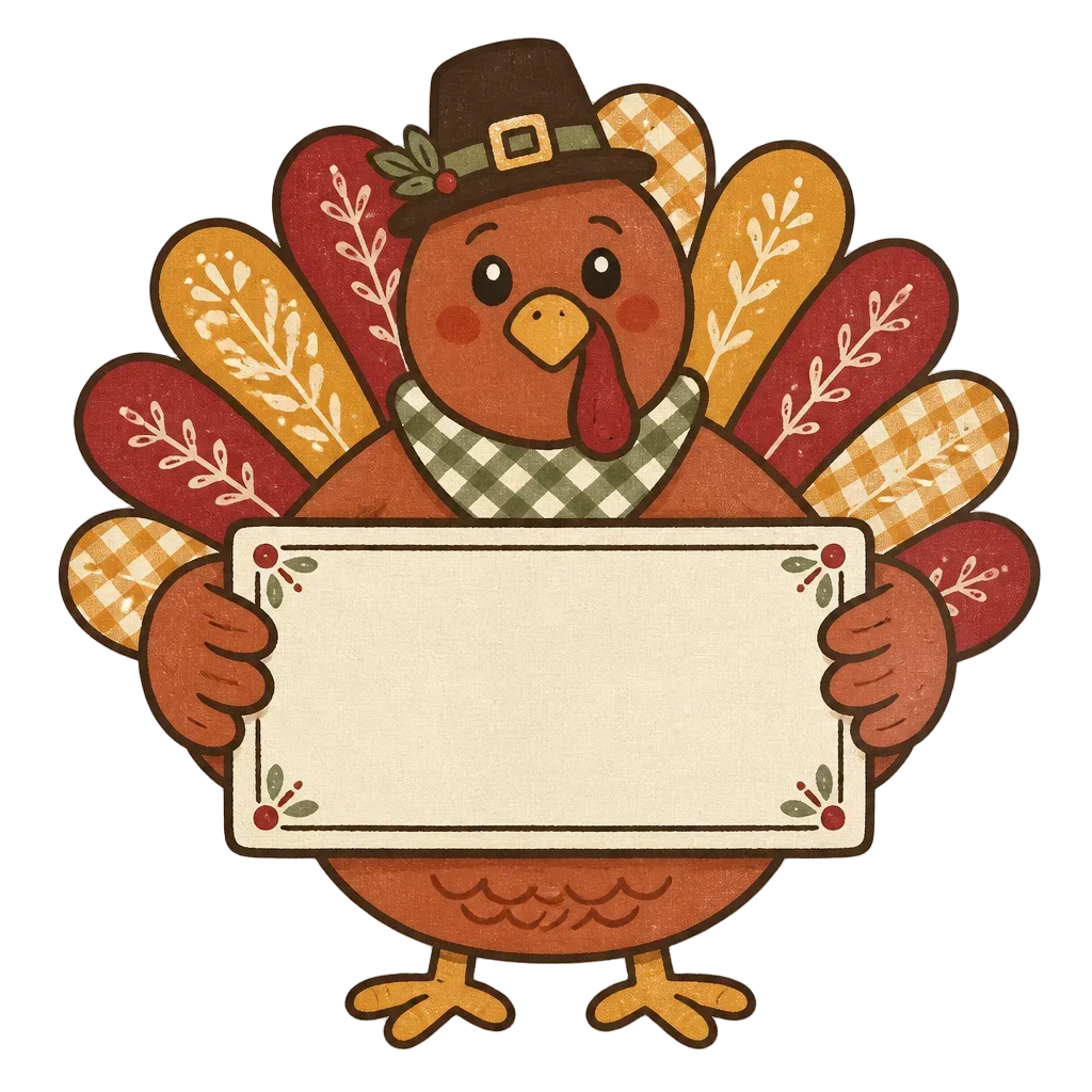 Turkey Holding a Gratitude Sign — from the Grateful Gathering: 20 Thanksgiving Turkey & Harvest Clipart PNGs
