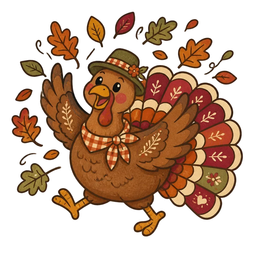 Turkey Scattering Autumn Leaves — from the Grateful Gathering: 20 Thanksgiving Turkey & Harvest Clipart PNGs