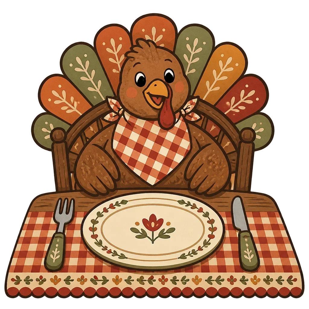 Turkey Seated at a Place Setting — from the Grateful Gathering: 20 Thanksgiving Turkey & Harvest Clipart PNGs