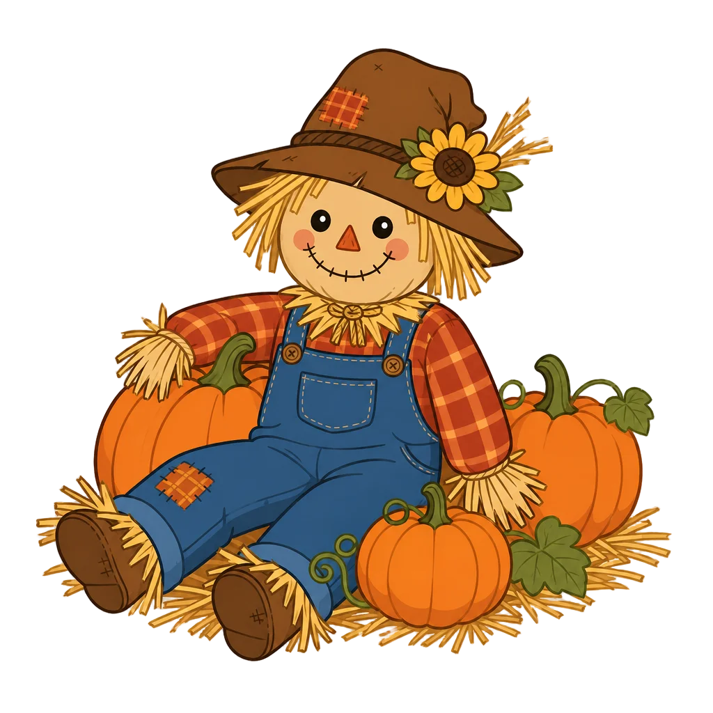 Cozy Scarecrow in Pumpkin Patch — free clip art
