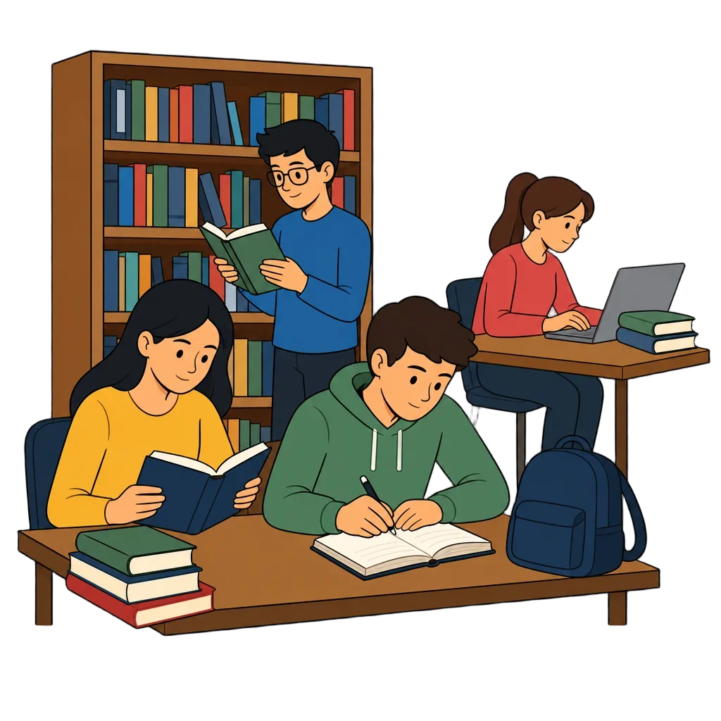 Library Study Scene with Students — free clip art