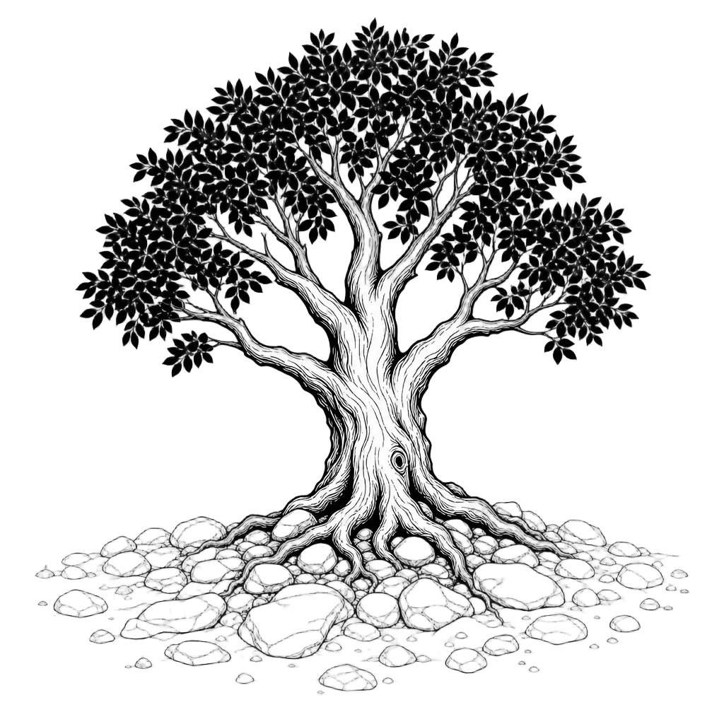 Black Tree Line Art with Stone Ground — free clip art