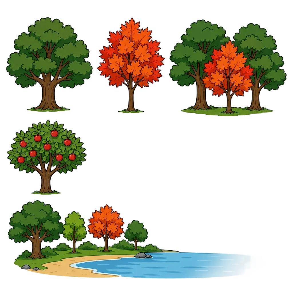 Lakeside Nature Scene with Oak, Maple & Apple Trees — free clip art