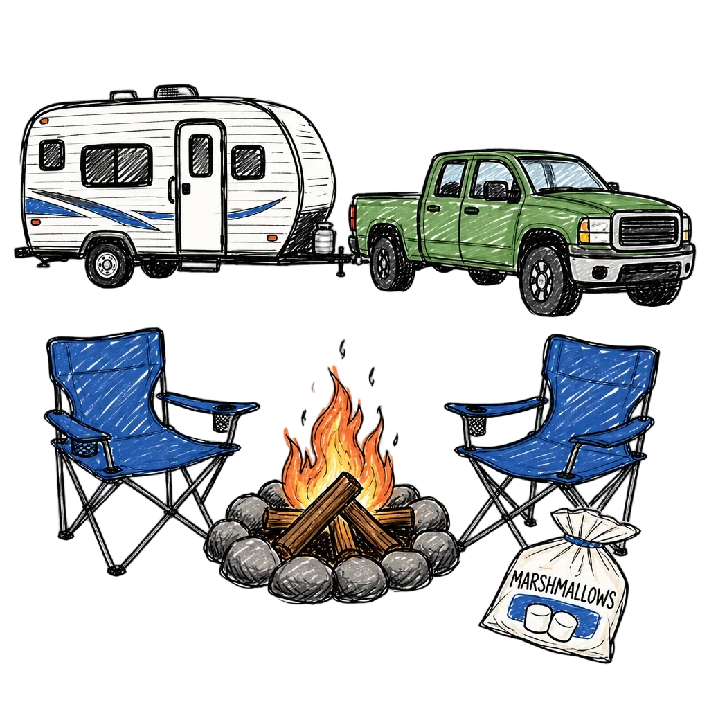 Camping Scene Doodle with Camper and Campfire — flower clip art