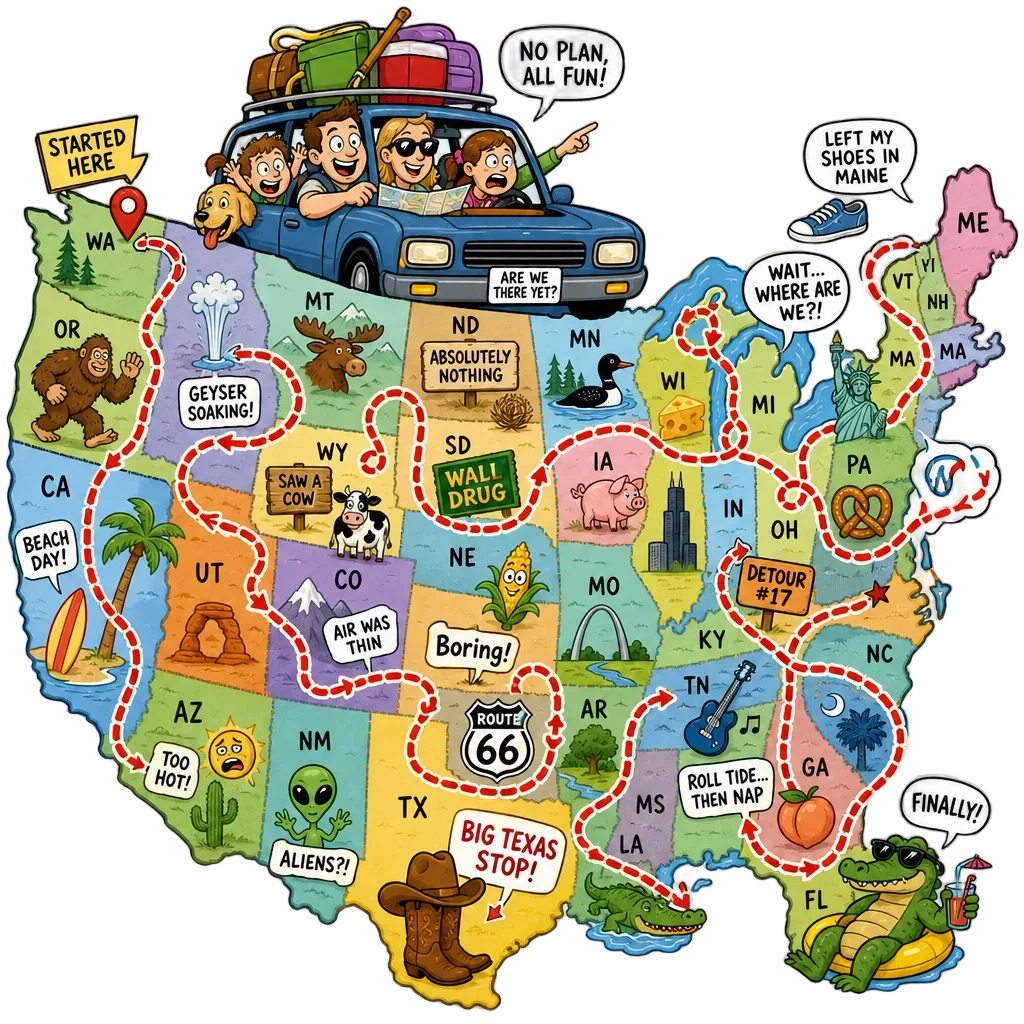 Funny Family Summer Road Trip Map Clipart — free clip art