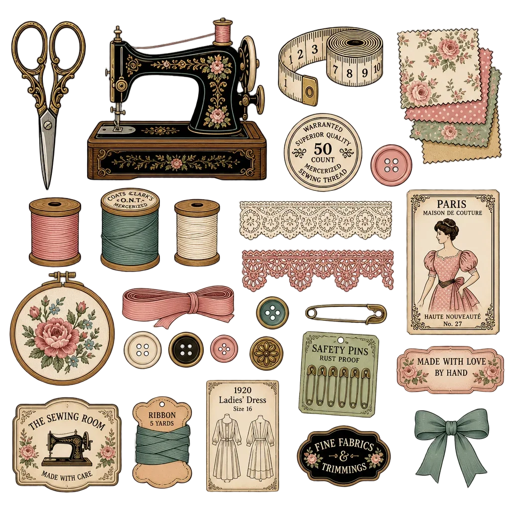 Vintage Sewing Junk Journal Clipart Set — heart clip art