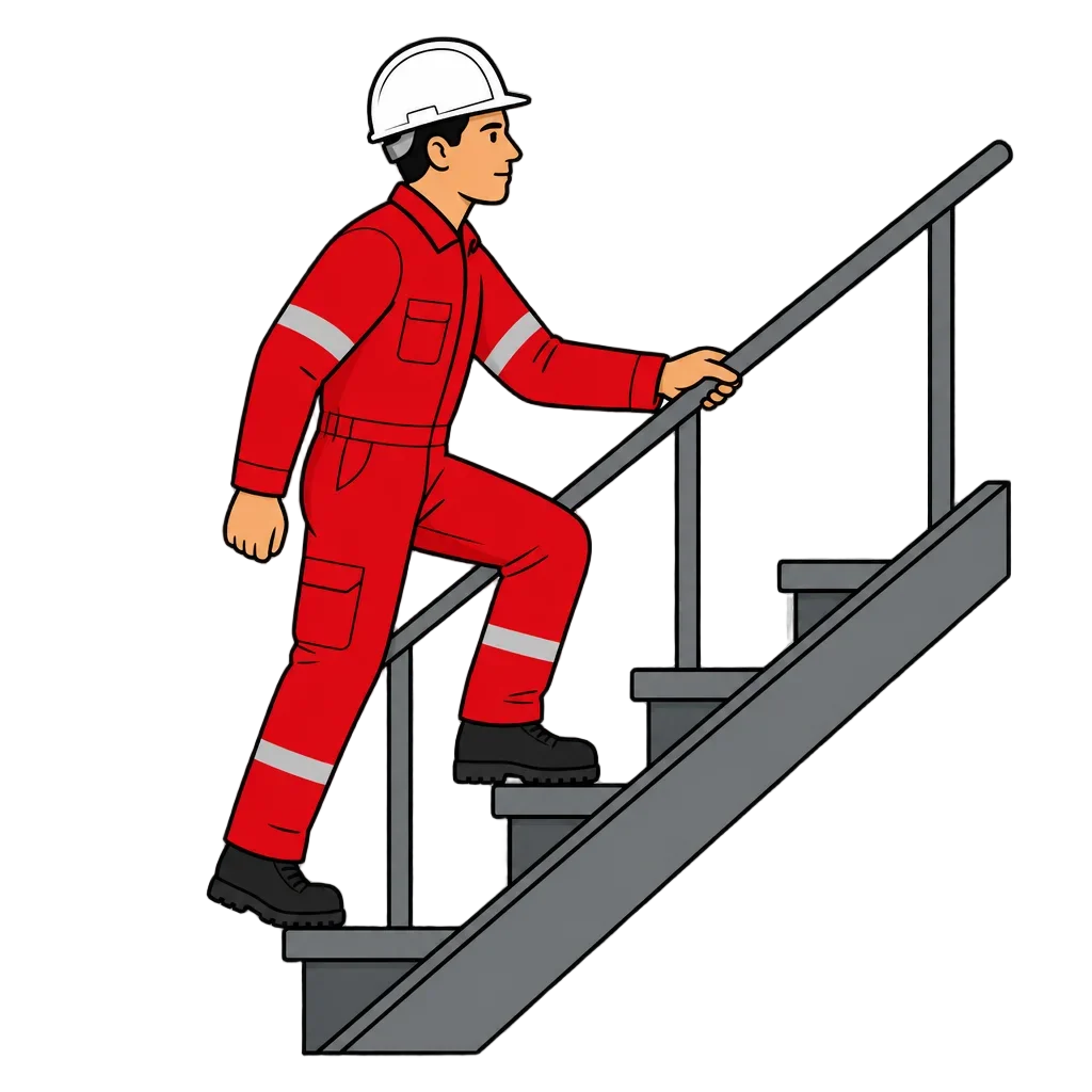 Worker Climbing Stairs in Red Coveralls — free clip art