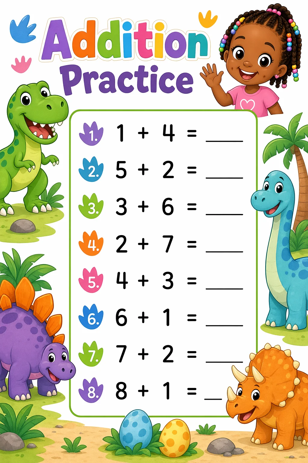 Addition Worksheet — dinosaurs — free coloring page