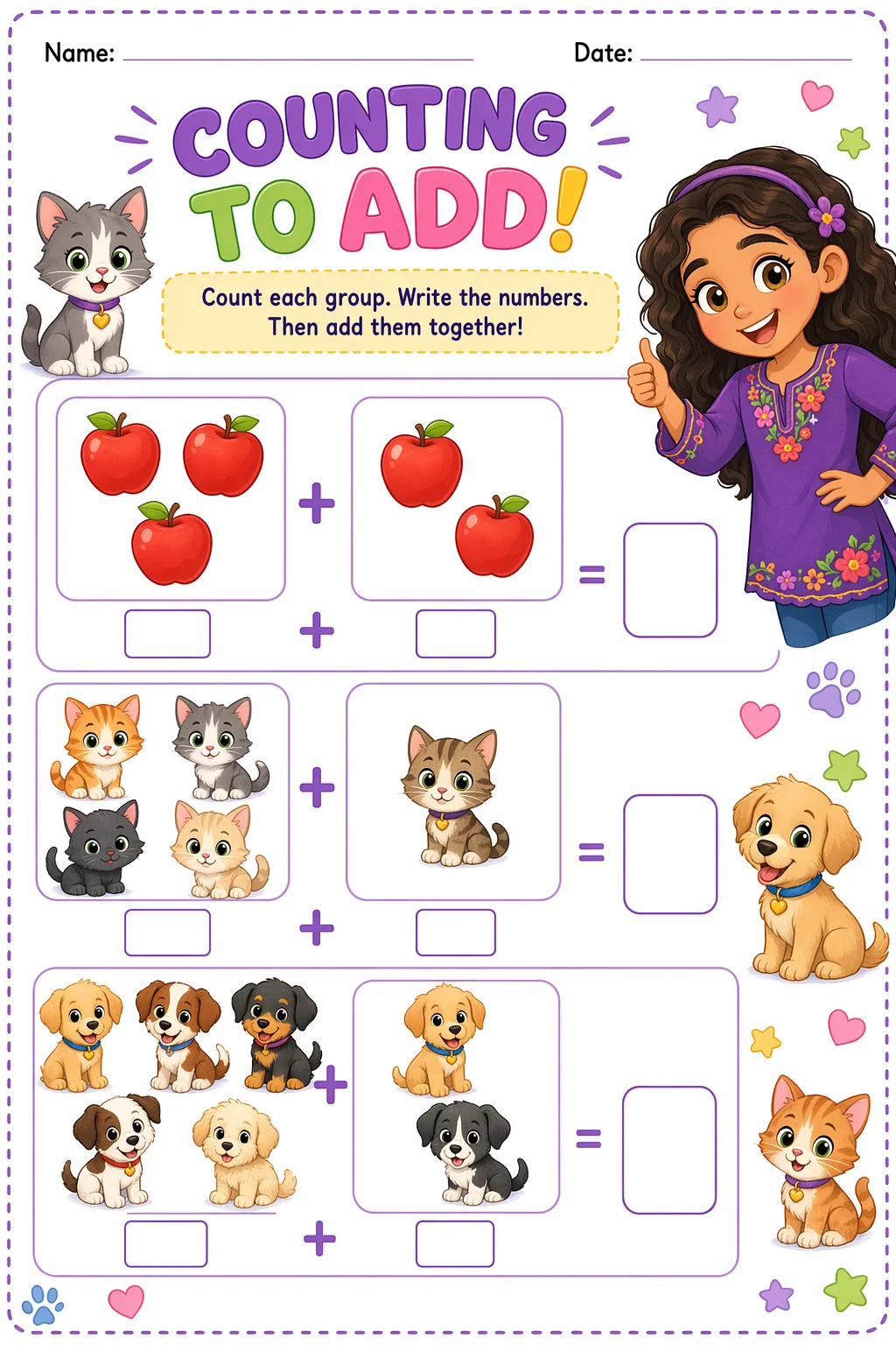 Addition Worksheet — pets — free coloring page