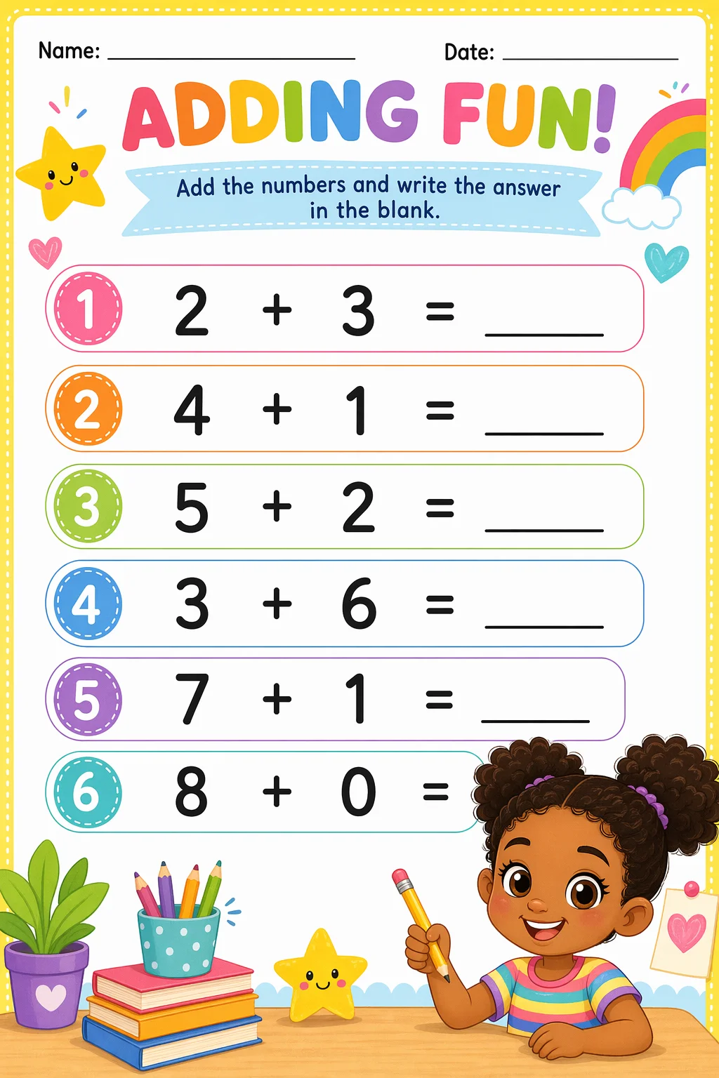Addition Worksheet — school room — free coloring page